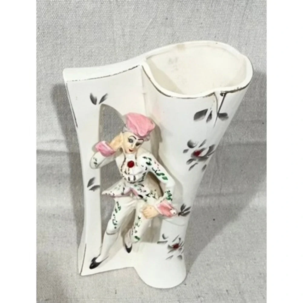 Vintage 1940s Victorian Dandy Ceramic Vase Hand Painted Figural Bud Vase 8 Inch